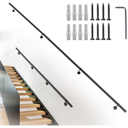 12Ft Industrial Metal Stairs Handrail Kit, Sturdy Wall Mount Aluminum Hand Rail, Indoor Outdoor Stair Railing Wood Concrete Brick Wall,1.5 in Round Pipe Grab Bar, Matte Black-12FT