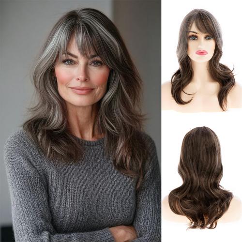 Womens Long Wavy Grey Brown Wigs for White Women Synthetic Heat Resistant Wig for Daily Party