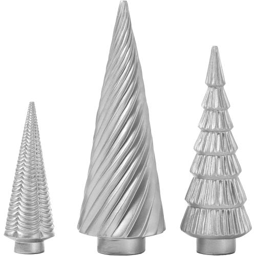 DN DECONATION Silver Christmas Tree Figurines Set of 3, Table Top Xmas Tree Decor with Glitter, Modern Pine & Swirl Design, Resin Christmas Trees for Mantel, Desk, Fireplace,Holiday Centerpiece