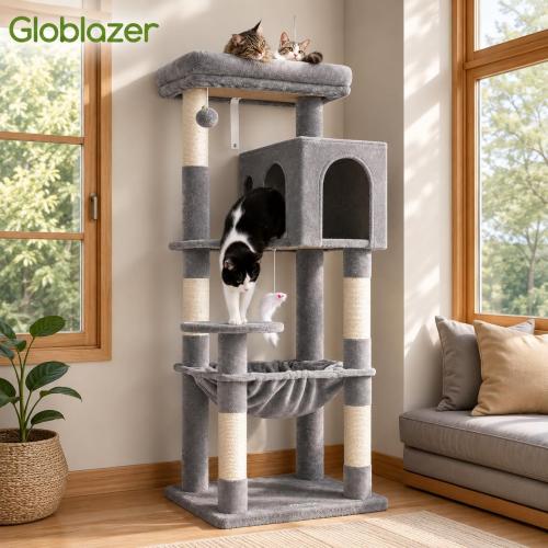 Globlazer Cat Tree Tower with Scratching Post for Indoor Cats, 53inch Tall Plush Multi-Level Cat Climbing Tower Condo House with Large Hammock, Spacious Cat Cave, Padded Top Perch Bed, F53, Light Gray