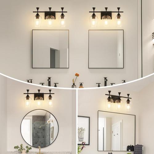 Bathroom Light Fixtures (3-Light, 19 Inch), Matte Black Vanity Lights for Bathroom with Clear Wine Glass Glass Shade, Modern Vanity Wall Lights for Mirror Bedroom Living Room Kitchen Hallway Porch