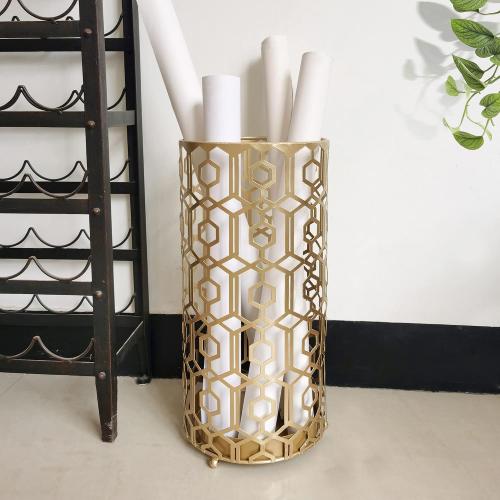 Adeco Metal Umbrella Stand Rack Holder Organizer Entryway Freestanding, for Canes, Walking Sticks, Gold Color