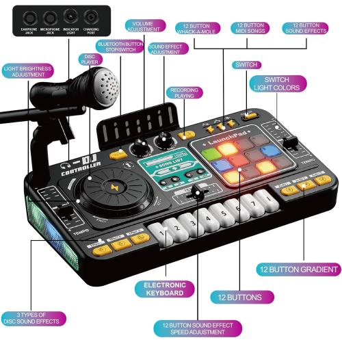 Kids DJ Mixer Controller Table Musical Toy Electronic Toy with LED Lights Sound Effect Microphone Piano DJ Board Key Musical Instruments Birthday Gift Toys for 3 4 5 6 7 Year Old Boy Girl