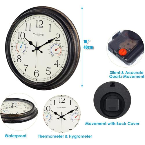 Crosstime 16 Inch Waterproof Outdoor Clock with Thermometer & Hygrometer Combo – Bronze Retro Vintage Decor Indoor Outdoor Wall Clocks for Patio, Pool, Backyard, Garage