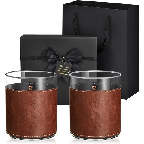 2 Sets Size 11.5 oz Leather Rocks Glasses 11.5 oz Leather Wrapped Whiskey Glasses with Gift Box Glass Sleeve Bourbon Glass Gift for Men Father (Brown)