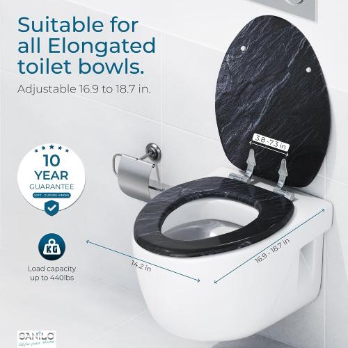 SANILO Wooden Toilet Seat with Soft Close [ELONGATED] - Decorative, Quiet & Slow Close Molded Wood Seat - With Strong Bumpers & Hinges - Adjustable Fit - Granite
