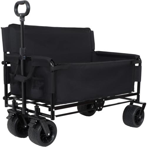 Heavy-Duty 3-in-1 Convertible Folding Wagon Cart with Bench Seat - 500lbs Capacity All-Terrain Utility Wagon, 180L Storage for Camping, Beach, Garden, Sports (Black)