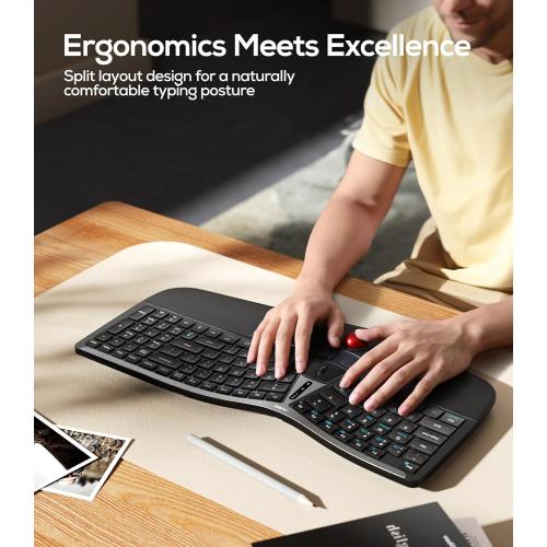 Nulea RT07 Wireless Ergonomic Trackball Keyboard - Bluetooth and 2.4G USB Connectivity, Natural Typing, Wrist Rest,Split Keyboard, USB-C Rechargeable,Compatible with Mac/Windows