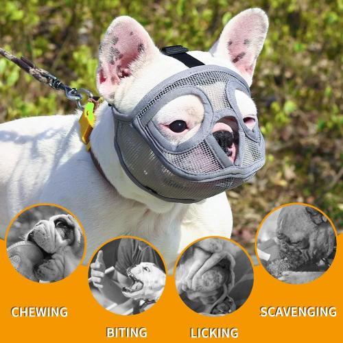 Size Small BARKLESS Short Snout Dog Muzzle, Breathable Mesh Flat Faced Muzzle for French Bulldog Shih Tzu and Pug, Mask Bulldog Mouth Cover for Biting Chewing Licking (Grey, S)