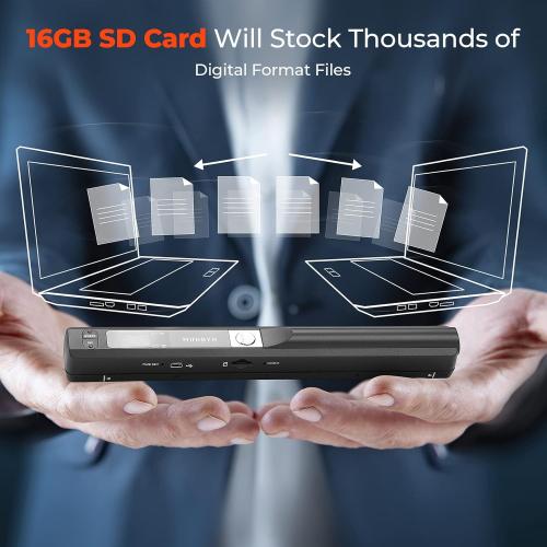 MUNBYN Portable Scanner, 900 DPI Photo Scanner for A4 Documents & Pictures, Wand Reader with 16G SD Card, Flat Scanning, USB Transfer to PC/Laptop, No Driver Required (Black)