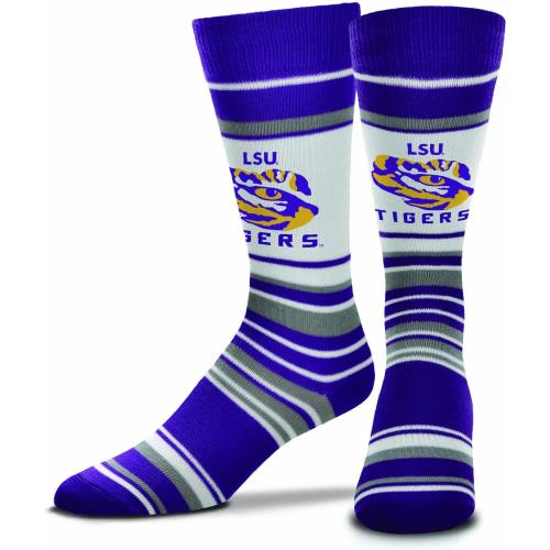 Color Purple Size Adult One size For Bare Feet Collegiate University Striped Dress Socks, One Size Fits Most Footwear for Men Women Youth, Game Day Apparel