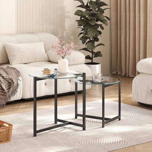 16 Inch Round Glass Coffee Table, Tempered Clear Glass Top with Sturdy Black Metal Frame, Easy Assembly Modern Side Table/End Table for Living Room, Bedroom, Office
