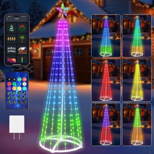 Hoofun Christmas Tree Lights Outdoor Decorations: Smart Lighted Xmas Trees 6-8FT, APP and USB Control, Prelit for Yard Cone Outside Led Decor (6Ft / 1.8m)