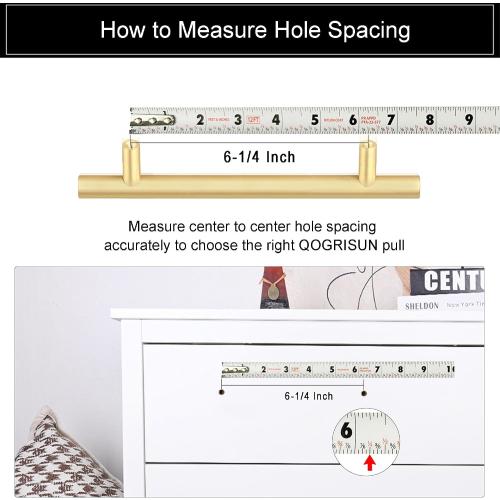 QOGRISUN 5-Pack Solid Brass Cabinet Pulls, Gold Euro Style T Bar Handles, 6-1/4-Inch Hole Center for Kitchen Drawer Dresser Cupboard, 8.7-Inch Total Length, Brushed Brass Finish