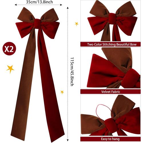 2Pcs Large Christmas Velvet Burgundy Bows13'' x 45''Christmas Front Door Bows with Long Tail Ribbon Xmas Tree Topper Holiday Wreaths Decor Stair Garland for Mantel Fireplace Porch