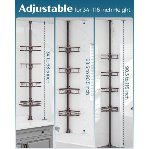 SEIRIONE Rustproof Shower Corner Caddy Organizer for Bathroom,Tension Pole with 4 Baskets, for Bathtub Storage Rack, 34 to 116 Inch Height, Bronze