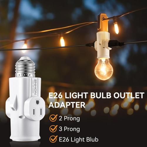 Enhon 2 Pack Light Socket Outlet Adapter, 2/3 Prong Light Socket to Plug Adapter, E26/E27 Heat Resistant Lamp Bulb to 2/3 Prong Plug Outlet Splitter Converter for Garage Porch Indoor Outdoor