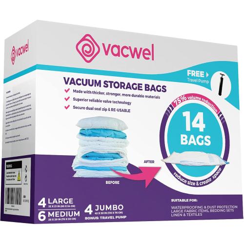 14-Pack Variety - Ziplock Vacuum Storage Bags for Clothes - Space Saver Bags for Packing Clothes - Vacuum Space Bags – 4xJumbo (43x30in)  4xLarge (32x21in)  6xMedium (28x20in)  Bonus Hand Pump