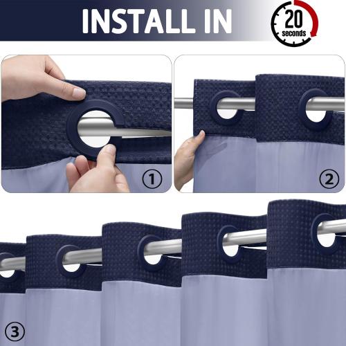 75x72 Navy Blue YellyHommy No Hook Shower Curtain with Snap in Liner Set Less Time Navy Blue Waffle Shower Curtain for Bathroom 75 L x 72 W
