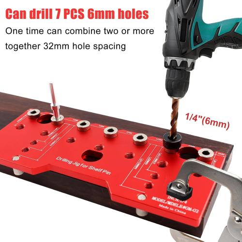 Shelf Pin Jig, 6mm Cabinet Adjustable Drill Guide, 1/4 Inch Aluminum Shelf Pin Drilling Jig Drilling for Straight Hole Shelf Pin Drilling Template Woodworking Tools, Red