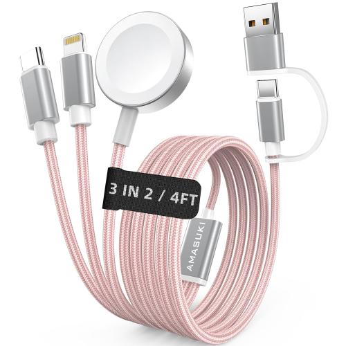 Travel Essentials,3 in 2 USB C Cable for Apple Watch Charger,iPhone Charger,Multi Charging Cable,Cruise Vacation Camping Essentials,Portable for iWatch Series 11-2/Ultra/SE & iPhone 17-12,Car,Pink
