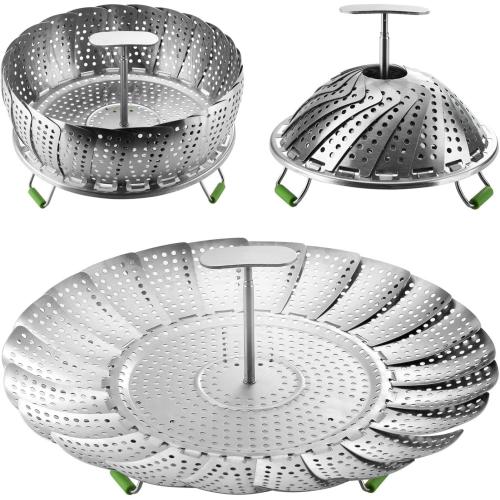 Flexzion Vegetable Steamer Basket for Pot, Stainless Steel, 7-11 Inch | Collapsible, Expandable Steamer for Cooking with Removable Center Handle and Raised Feet for Vegetables, Eggs and Dumplings