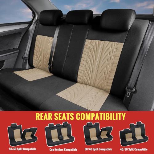 AUTOYOUTH Beige Car Seat Covers Full Set, 3D Tyre Embossed Front Bucket & Split Rear Bench Covers, Airbag Compatible, Quick Setup Universal Fit for Car, SUV, Seat Protectors