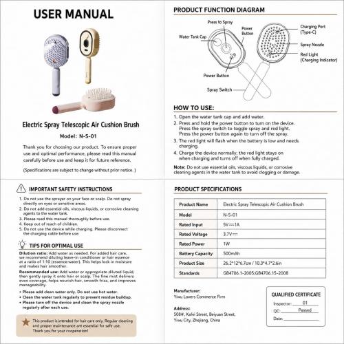 Electric Spray Air Cushion Massage Comb,Upgraded 5 in 1 Rechargeable Air Cushion Hair Brush, Retractable Self-Cleaning Steam Brush for Frizzy Hair & Scalp Care, Anti-Static & Detangling (Beige)