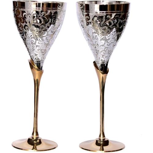 StonKraft eSplanade Engraved Brass Goblet Champagne Glasses Flutes Coupes Wine Glass Set (Thick) - Silver Polished