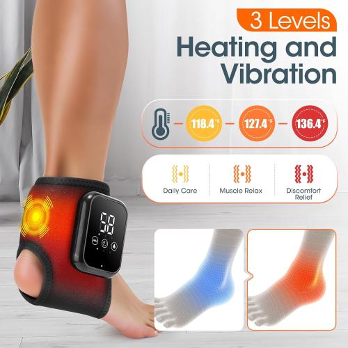 Ankle Heating Pad, Cordless Ankle Massager for Pain Relief, Heated Foot Brace Wrap with 3 Temperature Levels and 3 Vibration Modes for Men and Women, Auto Shut Off