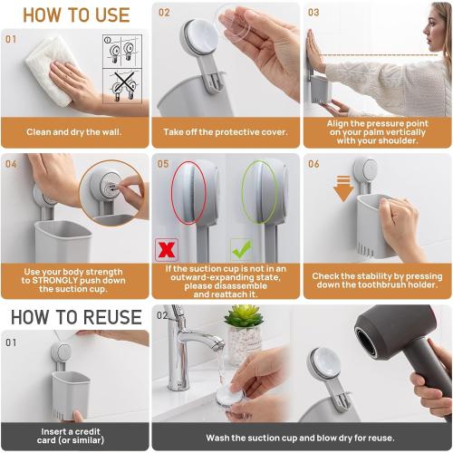 LEVERLOC Powerful Suction Cup Toothbrush Holders for Bathroom 2Pack, Gray