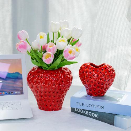 Strawberry Ceramic Flower Vase, Decorative Cute Ornament Vase for Aesthetic Decor Flower Arrangement, Unique for Colorful Modern Vintage Home Kitchen Office Decor Centerpiece, Red 7inch