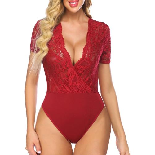 Size M Avidlove Women Lace Bodysuit Lingerie Tops Sexy Deep V Bodysuit Tops One Piece Body Suit Short Sleeve