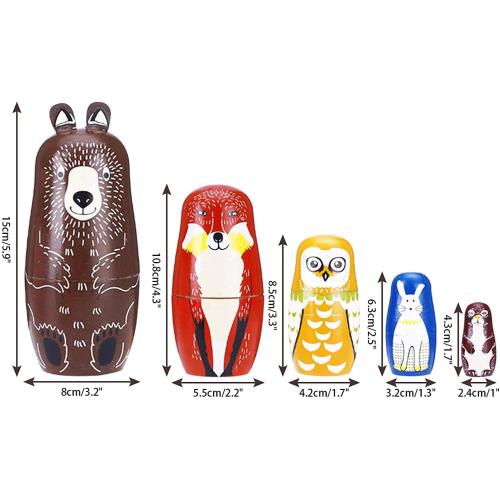 Conzy Russian Nesting Dolls for Kids, Stacking Wooden Handmade Matryoshka Dolls, 5 Piece Cute Cartoon Animal Pattern, Great Toy Gift for Girls Boys' Birthday or Home Decoration (Brown)