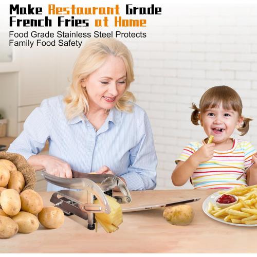 French Fry Cutter, Stainless Steel Potato Cutter, Potato Slicer, Includes 2 Blade Size Cutter Options and No-Slip Suction Base, Perfect for use with Air Fryer