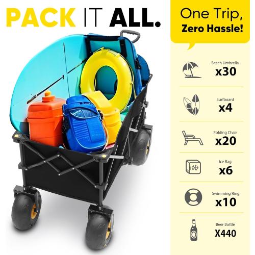 Heavy Duty Beach Wagon with 9 Big Sand-Proof Wheels – 440lb Capacity, Sekey 200L Oversized Foldable Cart | Adjustable Handle & All-Terrain Tires for Sand, Camping, Groceries. Black