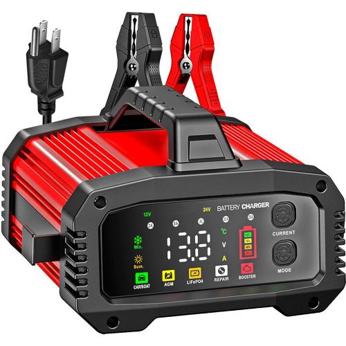 Black and Red 25A Battery Charger, 2/8/20/25 Amp 12V/24V LiFePO4 Lead Acid Fully Automatic Battery Maintainer with Engine Start, 8-Stage Car Battery Trickle Charger, Desulfator for AGM,STD,Gel,Deep Cycle Batteries