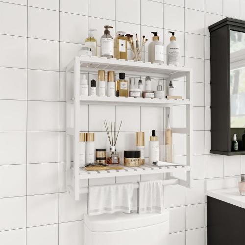 Galood Over The Toilet Storage Bathroom Shelves Wall Mounted 3 Tier Space Saver Corner Shelf Organizer Bamboo Towel Rack Toilet Paper Cabinet with Hanging Rod White