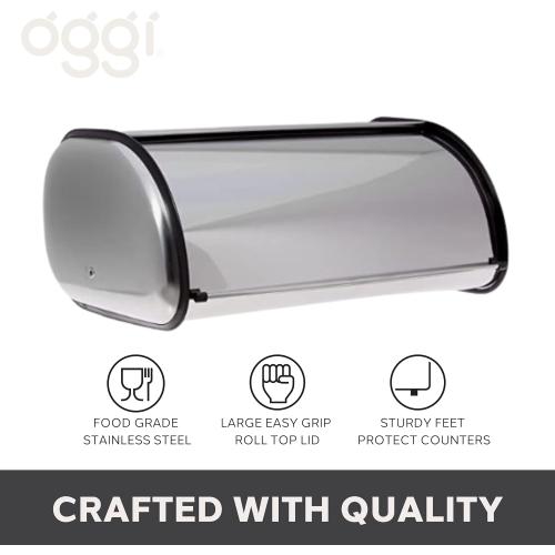 Oggi Stainless Steel Roll Top Bread Box for Kitchen Countertop with Stainless Steel Lid - Fits Multiple Large Loaves of Bread and Other Freshly Baked Goods Including Cookies, Bagels, Muffins