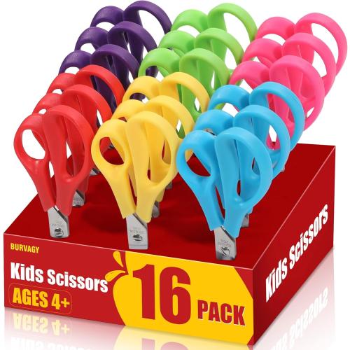 16Pack 5.5 Safety Small School Kids Student Round Blunt Tip Craft Scissors Bulk, Stainless Steel Blades Comfort Grip Scissors for Kid Children Kindergarten Cutting Paper
