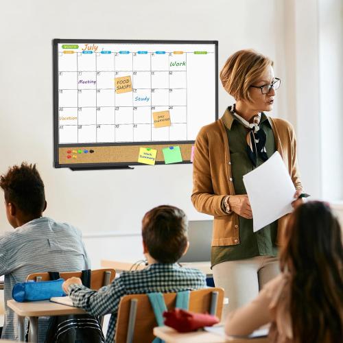 Size 24x18 JILoffice Magnetic Calendar Whiteboard & Bulletin Corkboard Combination, Combo Board 24 x 18 Inch, Black Aluminum Frame Wall Mounted Board for Office Home and School with 10 Push Pins