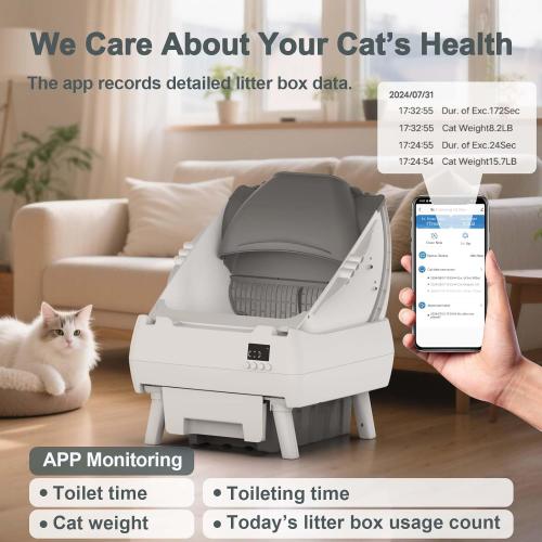 Automatic Cat Litter Box Self Cleaning - App Control, Open-Design, Smart Health Monitor, Suitable for Medium Cats and Kittens, Anti-Pinch Safety, Quiet Operation - Light White
