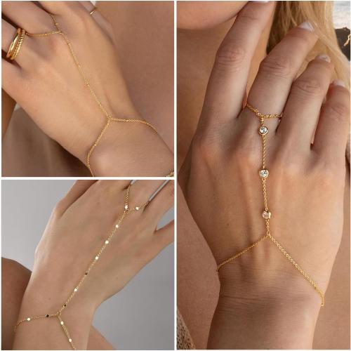 3PCS 14K Gold-Plated Hand Chain Bracelets for Women, Stack Bracelets Set Adjustable, Trendy Dainty Ring Bracelet Hand Chain
