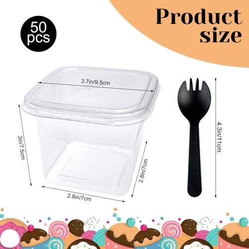 Rainmae 12oz Disposable Plastic Dessert Cups with Lids Parfait Cups with Lids Fruit Cups with Lid Appetizer Cups Sporks Square Clear Cups for To Go Iced Coffee, Bubble Boba Tea, Milkshake 50-Pack