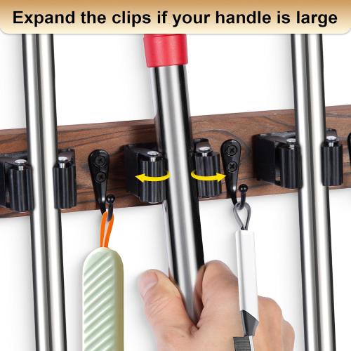 Broom Holder Wall Mount With 5 Slots & 4 Hooks，Rustic Wood Broom & Mop Hanger，