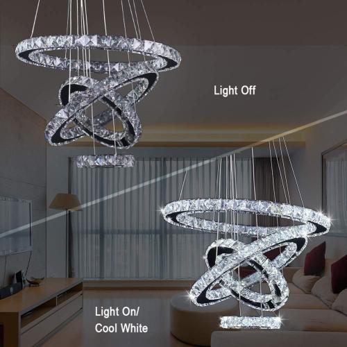 Silver With 4r Cool White LED Chandeliers, Modern Crystal Chandelier Dining Room Living Room LED Ceiling Pendant Light 4 Rings Adjustable Stainless Steel Contemporary Chandeliers (4r Cool White)