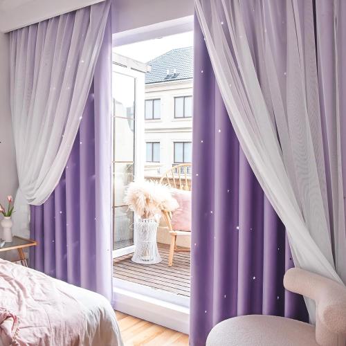 Stars Curtains Double Layer Curtains Blackout Curtains for Bedroom Kids Curtains Cute Curtains Kids Blackout Curtains, Curtains 84 Inches Long 2 Panels Set, Purple Curtains, 52 X 84 Inches