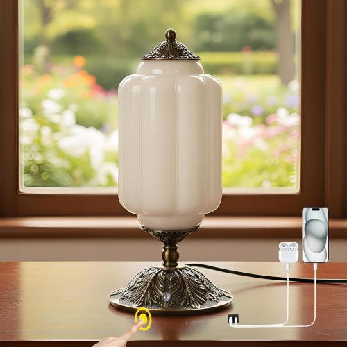 Vintage Touch Bedside Table Lamp, Elegant Milk White Glass Desk Lamp 3 Way Dimmable with USB C A Charging Ports - Bedroom Nightstand & Living Room Essential (Vintage White, 6.5)