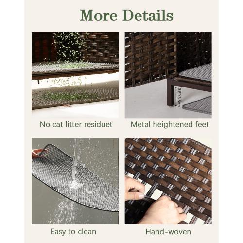 SETVSON Cat Litter Box Enclosure Hidden Litter Box Furniture with Metal Heightened Feet, Rattan Handwoven Cat House with Litter Mat, Hidden Litter Box Furniture for Bedroom Living Room Brown
