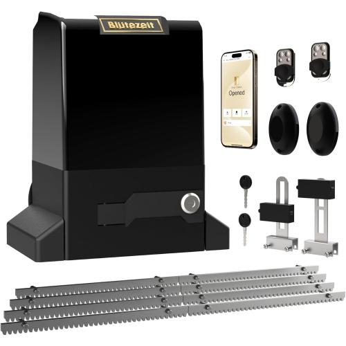 Blütezeit 1800lb WiFi Sliding Gate Opener Smart App Control, 1/2HP Automatic Slide Gate Motor Rack Driven with 2 Remote Controls & IR Sensor Complete Hardware Kits for Driveway Gates Up to 40ft